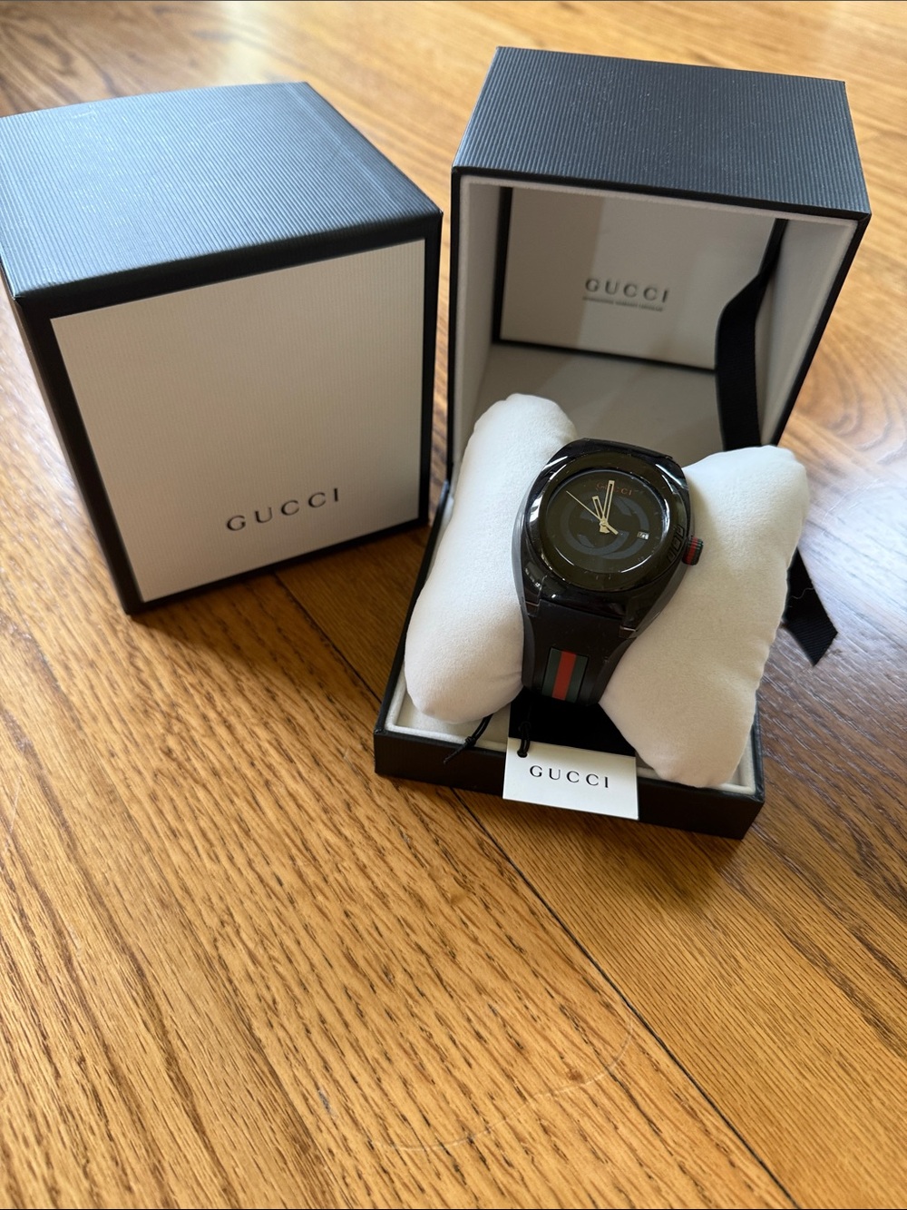 Gucci Black Watch with Green and Red Web Stripe